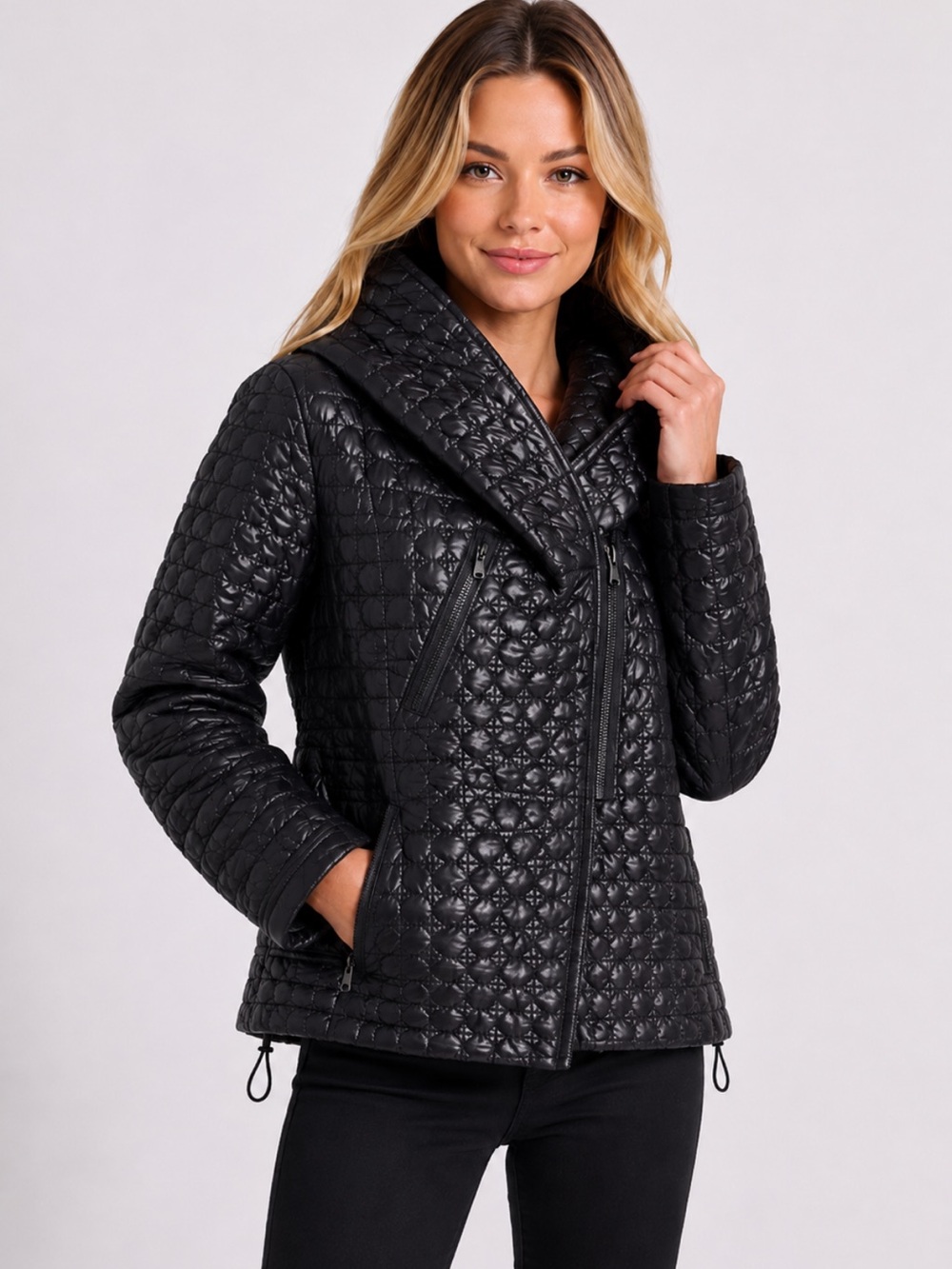 209 WST New York Black Quilted Puffer Jacket Hooded Zip Front Size M